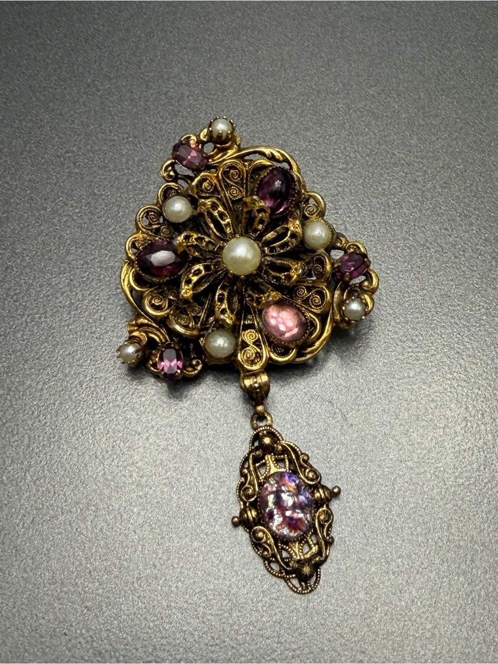 🔥2/$100 Vintage Victorian Gold Filigree Brooch with Purple and Pearl Accents